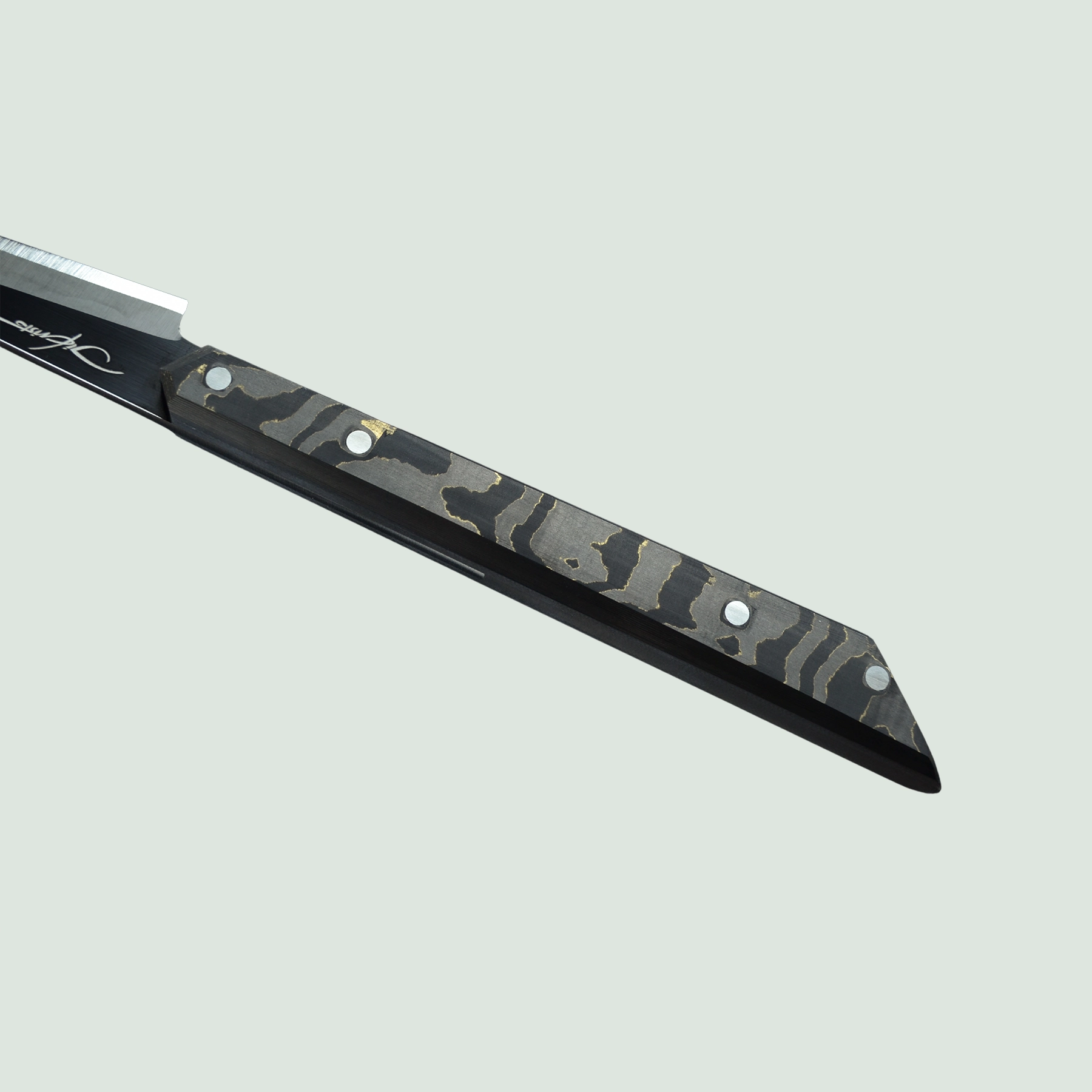 Tyndareus Stainless Steel Knife - Full View Tyndareus Stainless Steel Knife showcasing its full design, featuring a black-coated superfine stainless steel blade and gold carbon fiber handle.