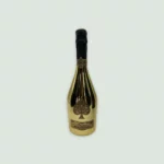 Front view of Armand De Brignac Brut Gold Champagne bottle, showing its iconic golden design and Ace of Spades logo.