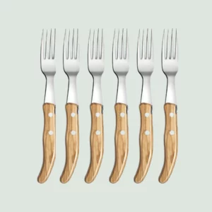 Box of 6 Berlingot forks with olive wood handles by Claude Dozorme