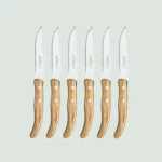 Close-up of steak knife handle in rich Mediterranean olive wood