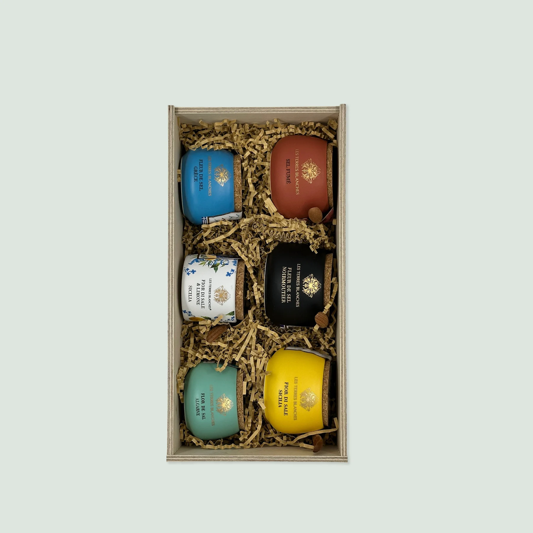 Mediterranean Fleur de Sel Collection – Les Terres Blanches | 6 Artisan Sea Salts in Exclusive Ceramic Pots in wooden gift box