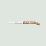 Close-up of the Claude Dozorme bread knife with colorful handle and serrated blade, handcrafted for precision slicing