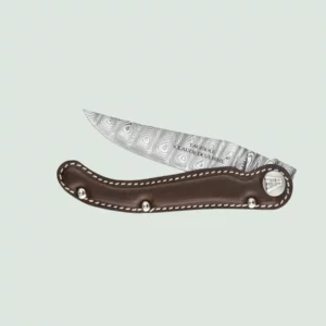 Claude Dozorme knife with black Teflon-coated blade and brown leather handle
