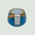 Greek Salt Fleur de Sel Grèce in ceramic Aegean blue pot with spoon – side view