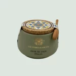 Italian Sea Salt Fior di Sale Italia in olive green ceramic pot with spoon
