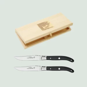 Set of 2 Claude Dozorme Laguiole knives in beech wood box
