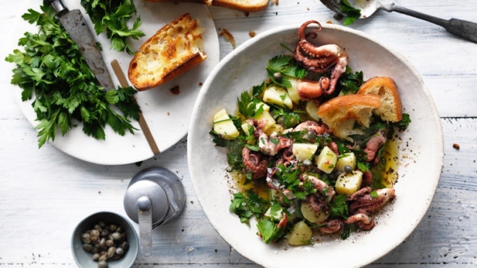 traditional greek Ktapodi octopus salad bowl on Athens restauran