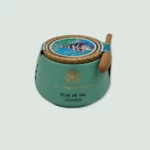 Organic Salt Flor de Sal de l’Algarve in turquoise ceramic pot with spoon – front view