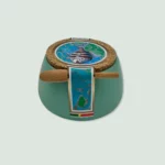 Organic Salt Flor de Sal de l’Algarve in turquoise ceramic pot with spoon – side view