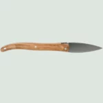Handcrafted oyster knife resting on oyster holder with olive wood handle detail
