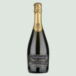 Front view of Prosecco DOC Spumante Extra Dry bottle showcasing elegant label of organic prosecco wine from Venice mainland.