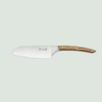 Close-up of Le Thiers® Santoku knife featuring olive wood handle