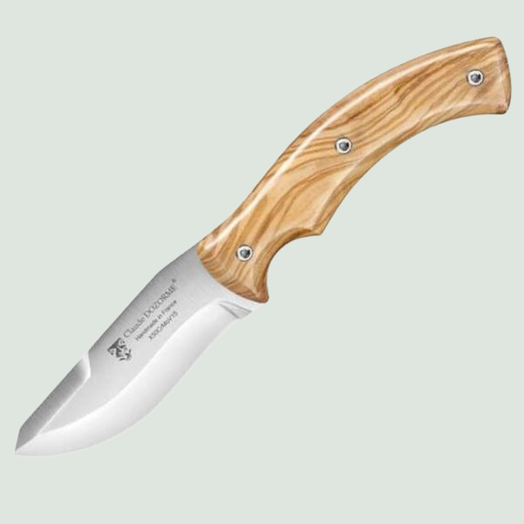 Claude Dozorme skinning knife with olive wood handle and leather sheath Claude Dozorme skinning knife with olive wood handle and leather sheath