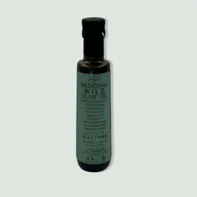 Bottle of Sparta Green Medicinal Olive Oil, showcasing its premium quality and organic certification, with a label emphasizing its natural production methods and health benefits.