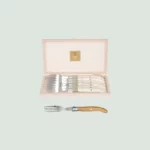 et of 6 Laguiole steak forks with juniper wood handles in beech wood presentation box