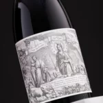 Close-up of wine label with vineyard details and vintage year