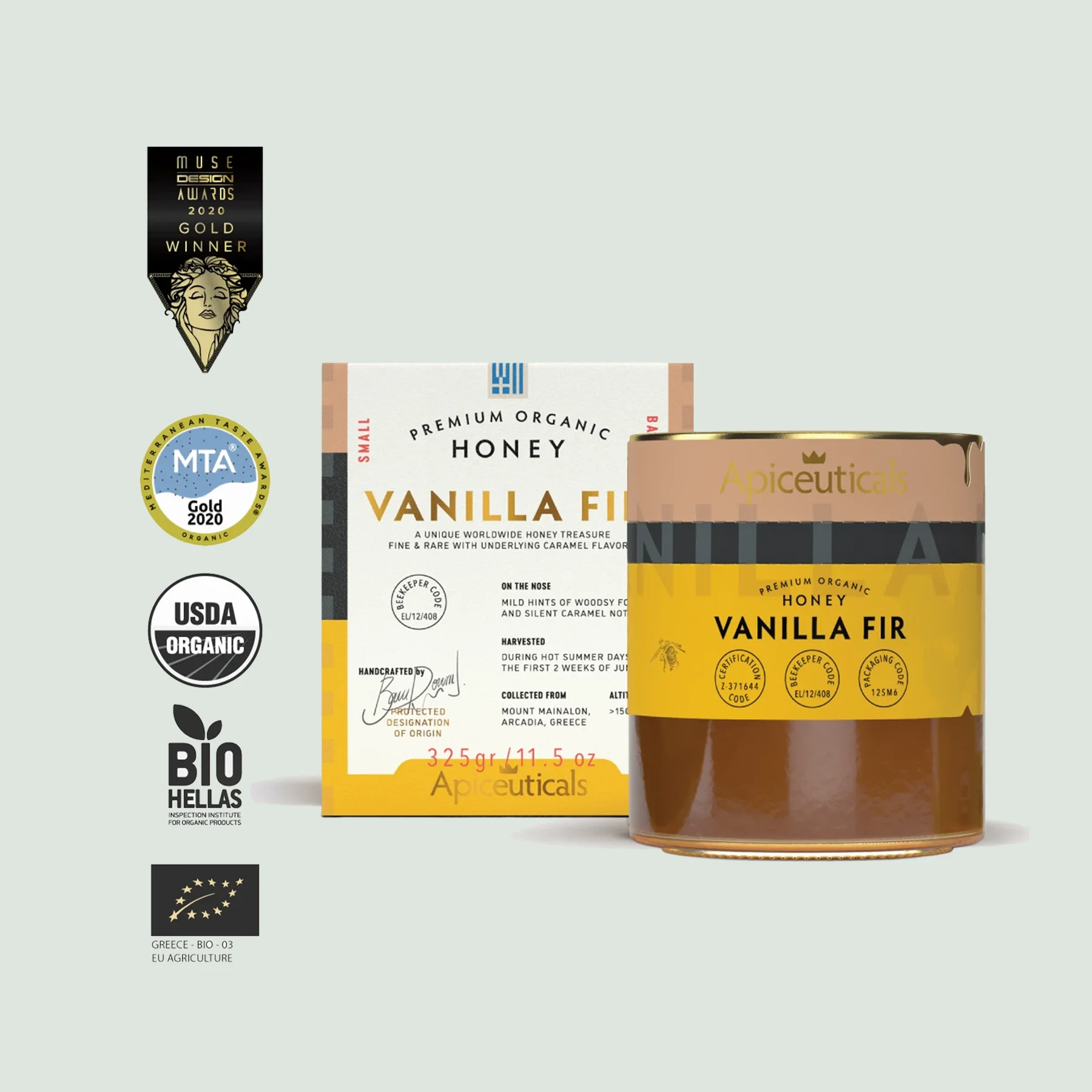 Apiceuticals Premium Organic Vanilla Fir PDO Honey 325gr / 11.05 oz, image size:1800x1800