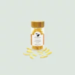 A glass bottle filled with vibrant candied yuzu peels, highlighting their bright yellow color and bumpy texture.