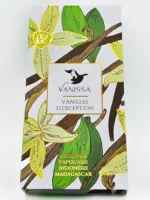 The cover of a Vanissa "Vanilles D'Exception" box, with the names of four varieties of vanilla pod written in French.
